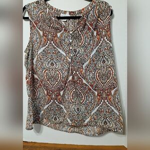 Liz Claiborne White Paisley Sleeveless Button-Front Tank with Rust Accents 100%